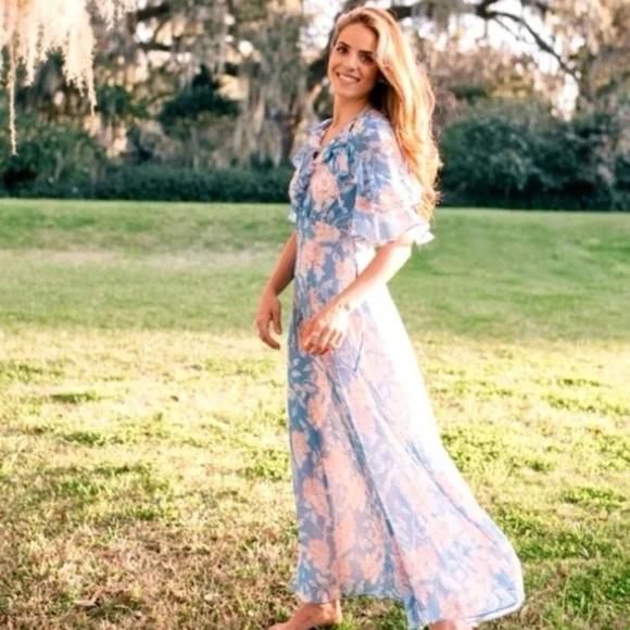 Gal Meets Glam Maxi Blue Pink Floral Shelby Dress Tie Neck Size 4 - Picture 3 of 10